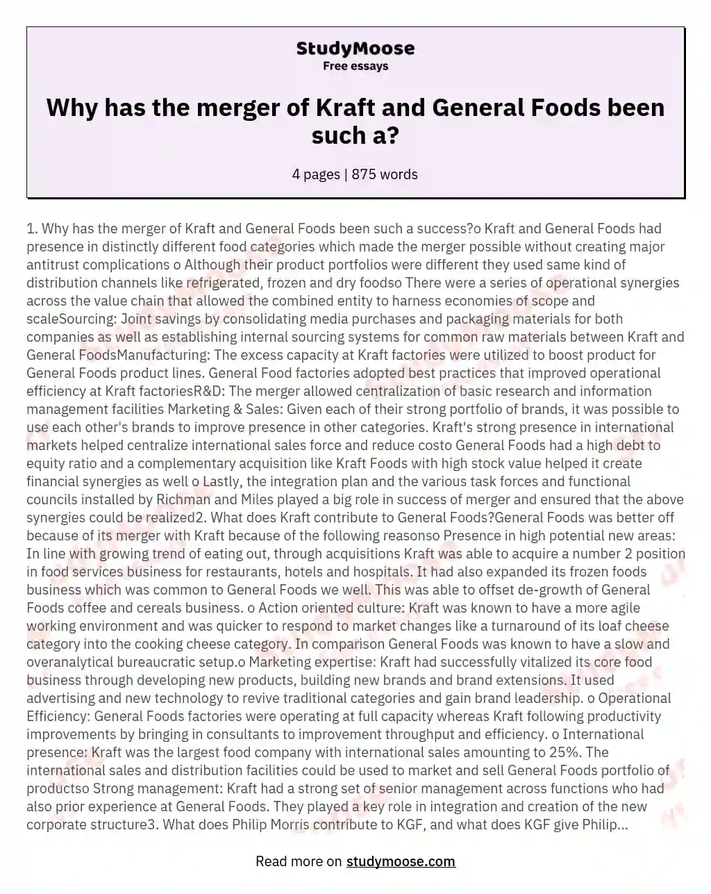 Why has the merger of Kraft and General Foods been such a? essay