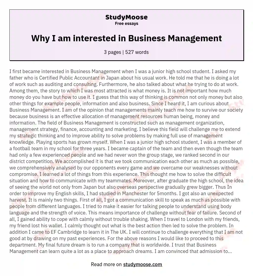 Why I am interested in Business Management essay