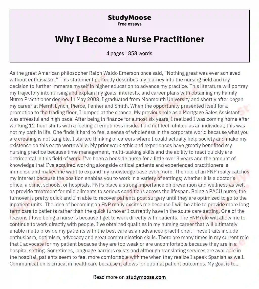 sample nurse practitioner admission essay