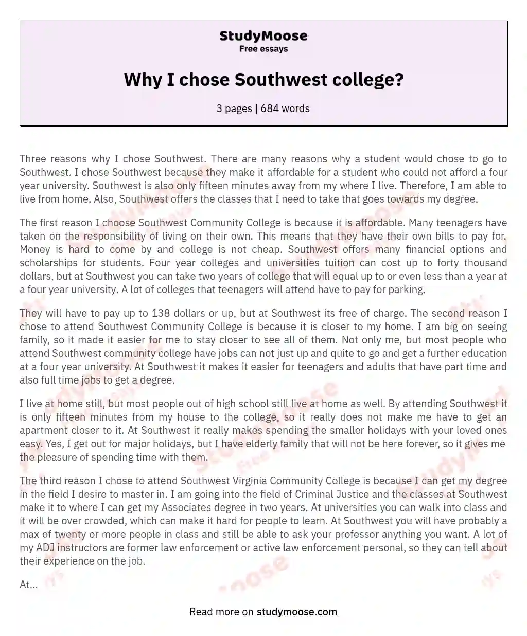 Why I chose Southwest college? essay