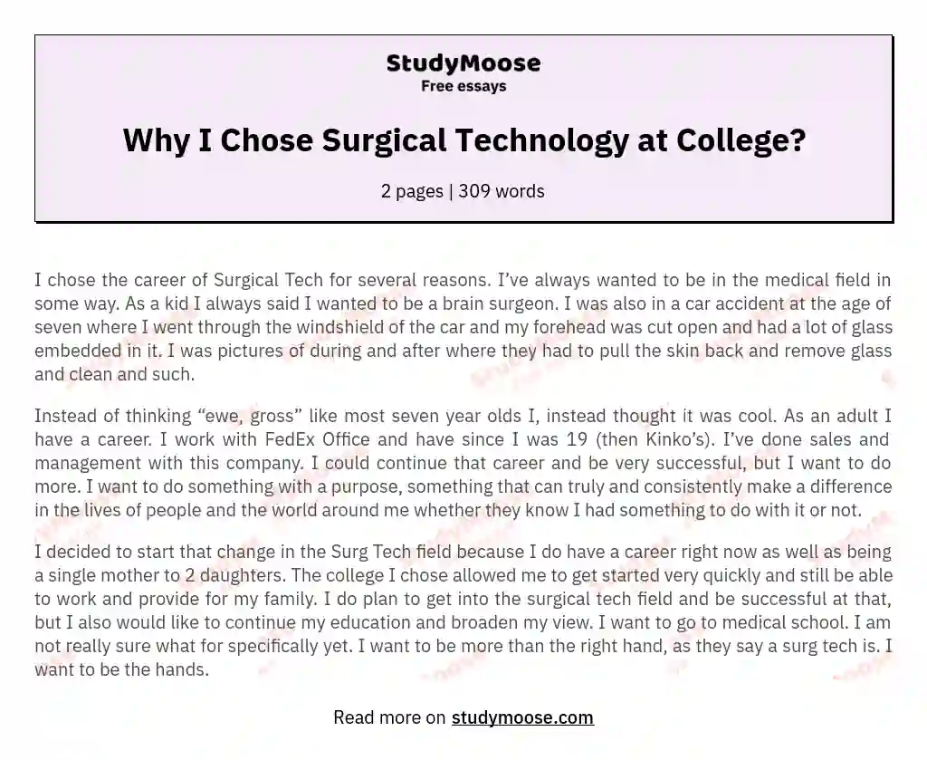 Why I Chose Surgical Technology at College? essay