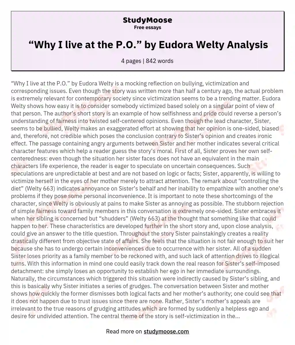 “Why I live at the P.O.” by Eudora Welty Analysis essay