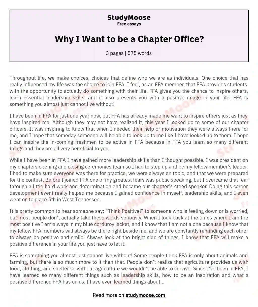 Why I Want to be a Chapter Office? essay