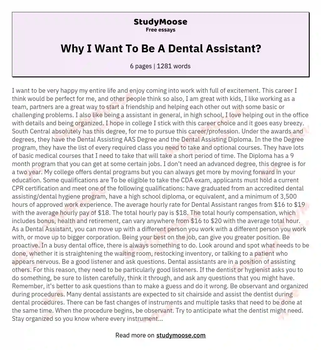 essay about dental assistant