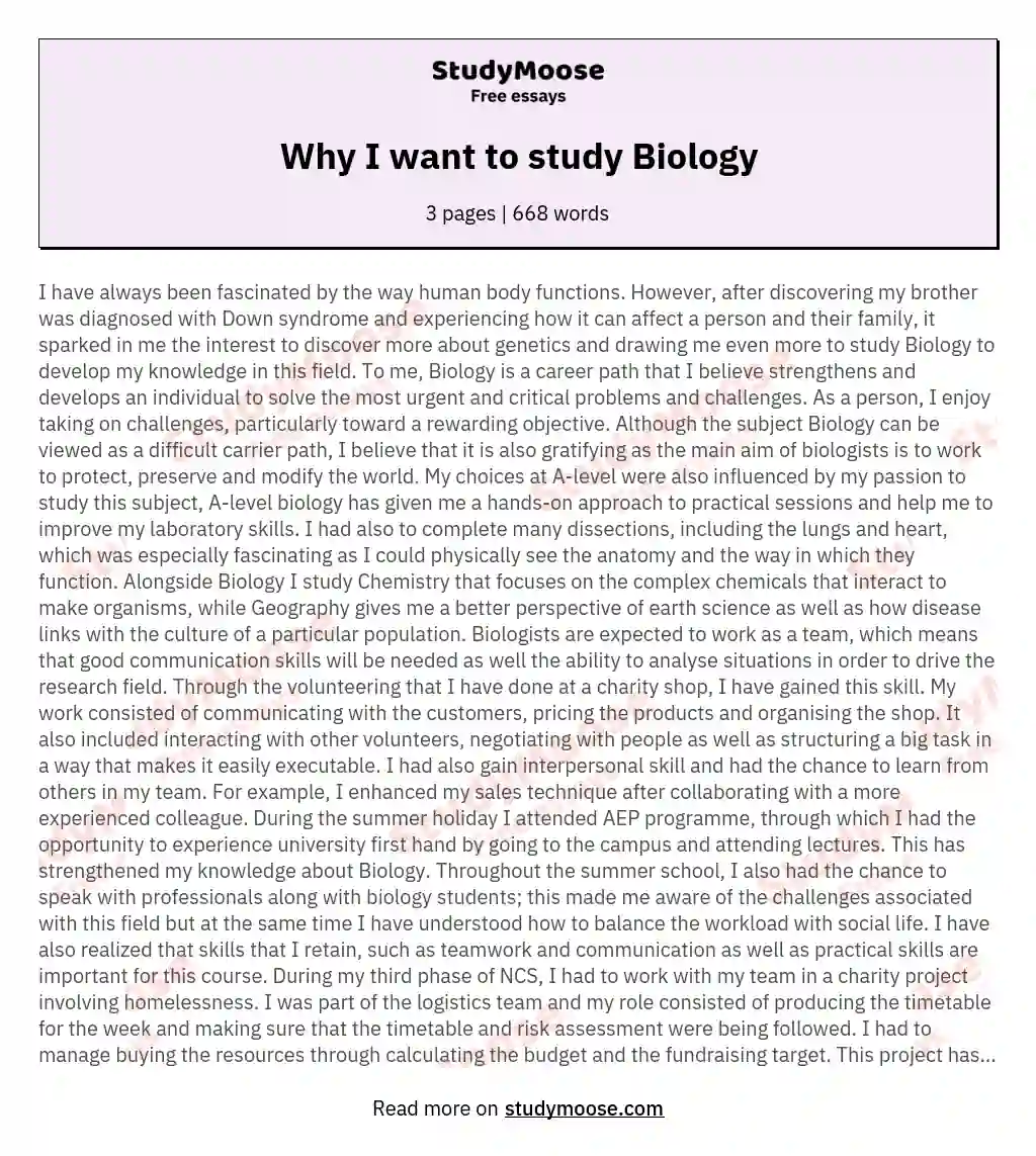 Why I want to study Biology essay