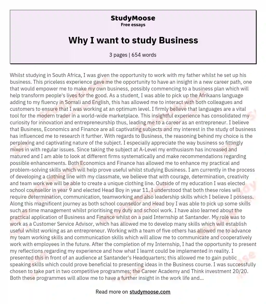 Why I want to study Business essay