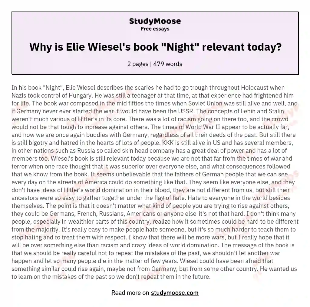 Why is Elie Wiesel's book "Night" relevant today? essay