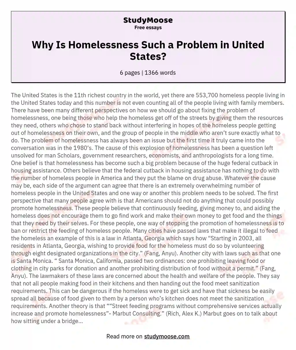 Why Is Homelessness Such a Problem in United States? essay