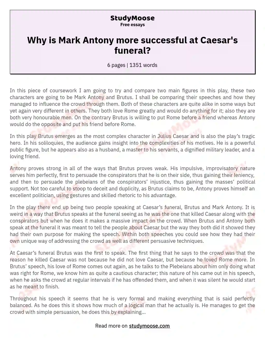 Why is Mark Antony more successful than Brutus in winning over the crowd at Caesar’s funeral?