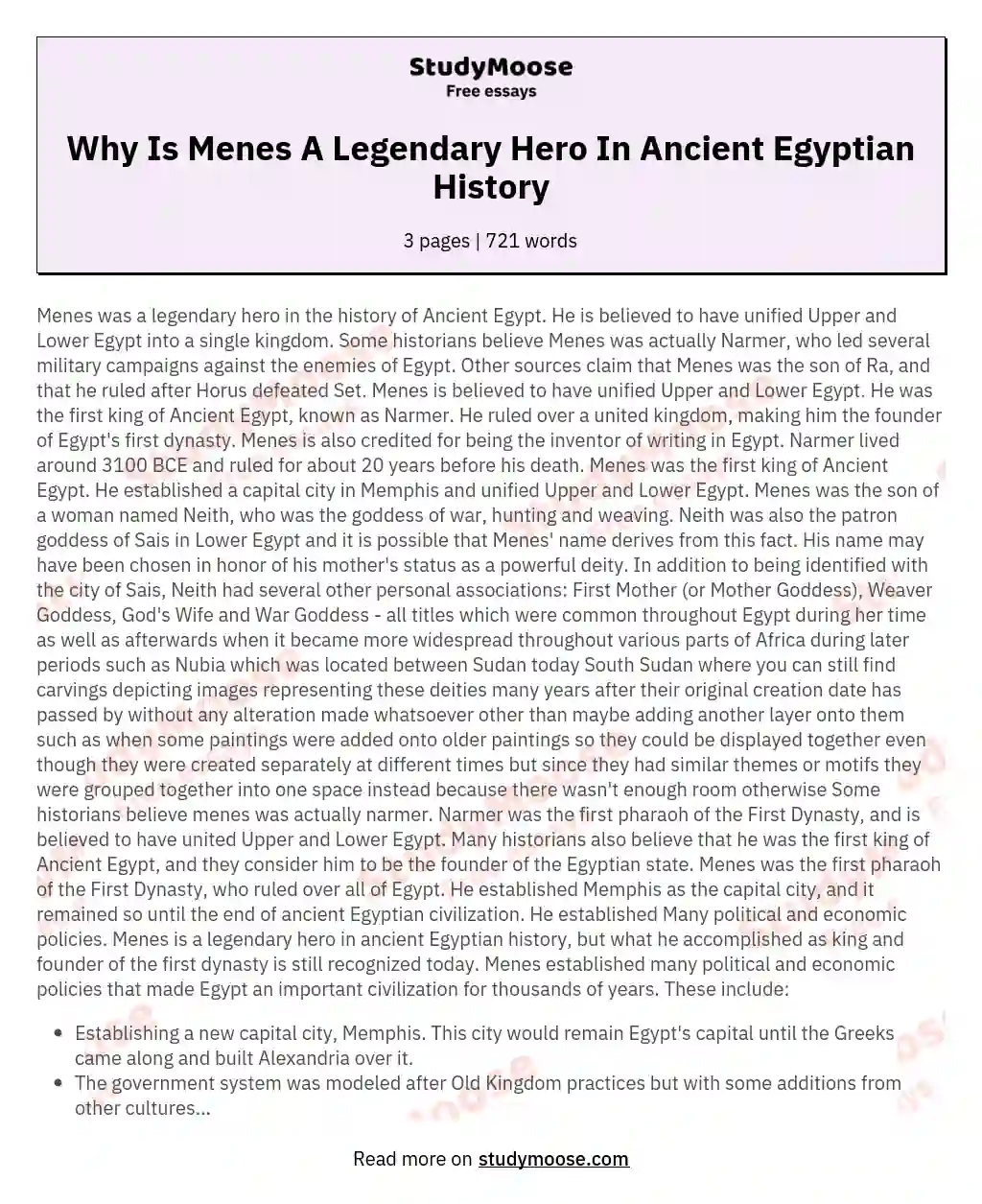 Why Is Menes A Legendary Hero In Ancient Egyptian History essay