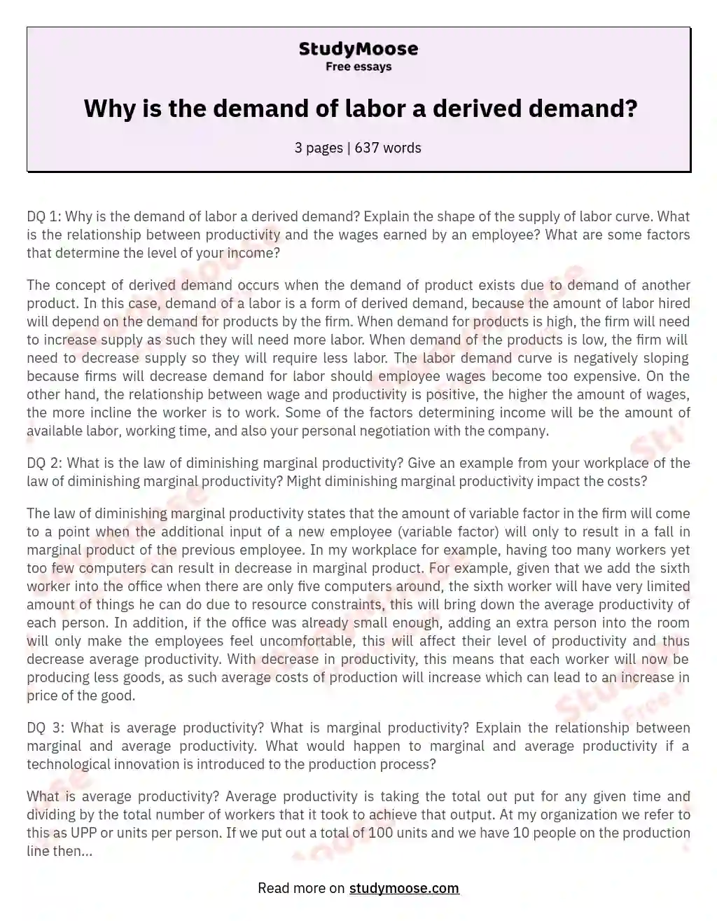 Labor Demand, Productivity, and Wages: A Comprehensive Analysis essay