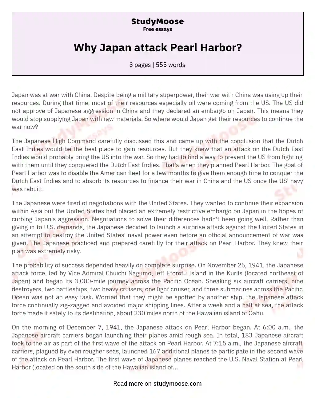Why Japan attack Pearl Harbor? essay