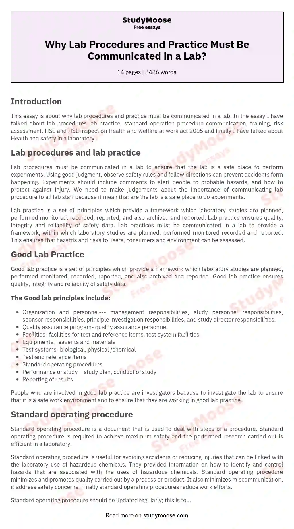 Why Lab Procedures and Practice Must Be Communicated in a Lab? essay
