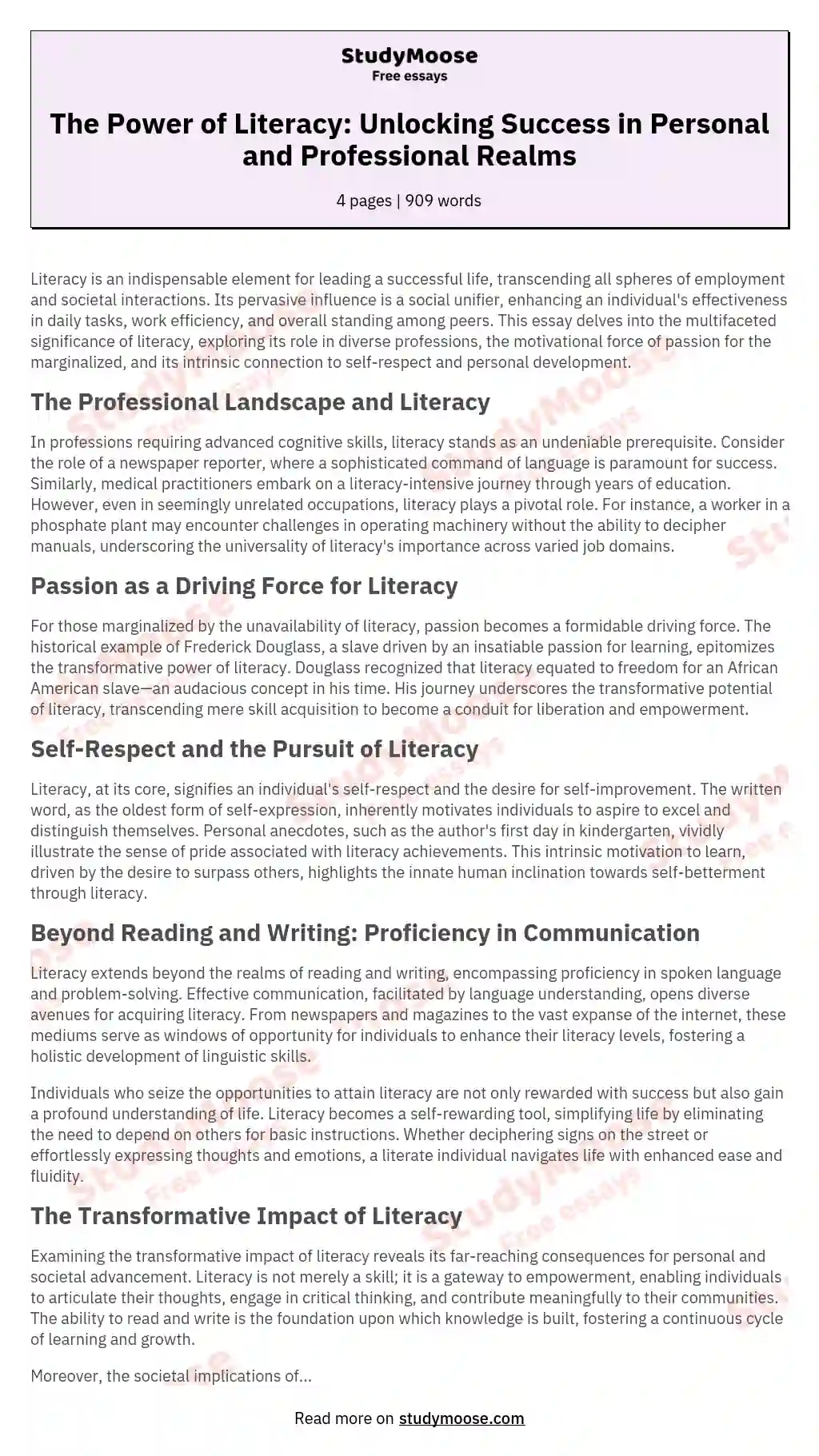 The Power of Literacy: Unlocking Success in Personal and Professional Realms essay