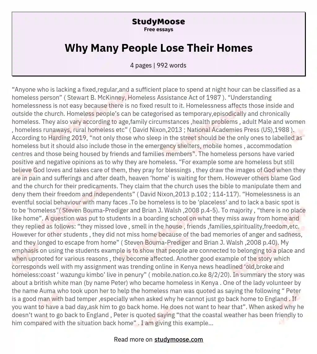 Why Many People Lose Their Homes essay