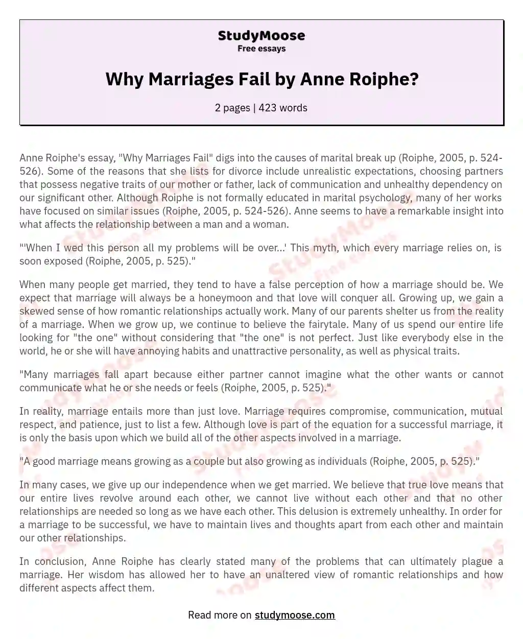 Why Marriages Fail by Anne Roiphe? essay
