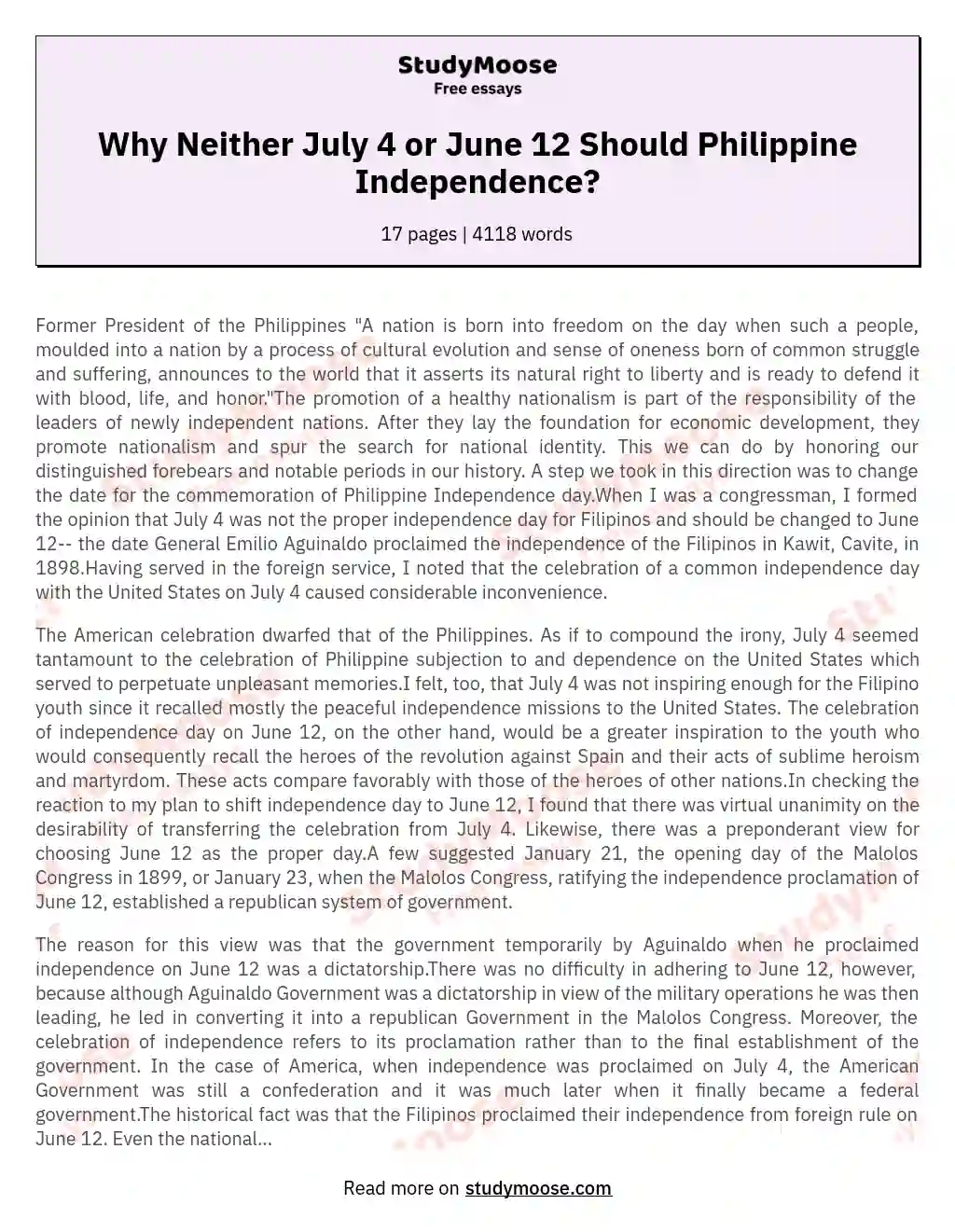 Why Neither July 4 or June 12 Should Philippine Independence? essay