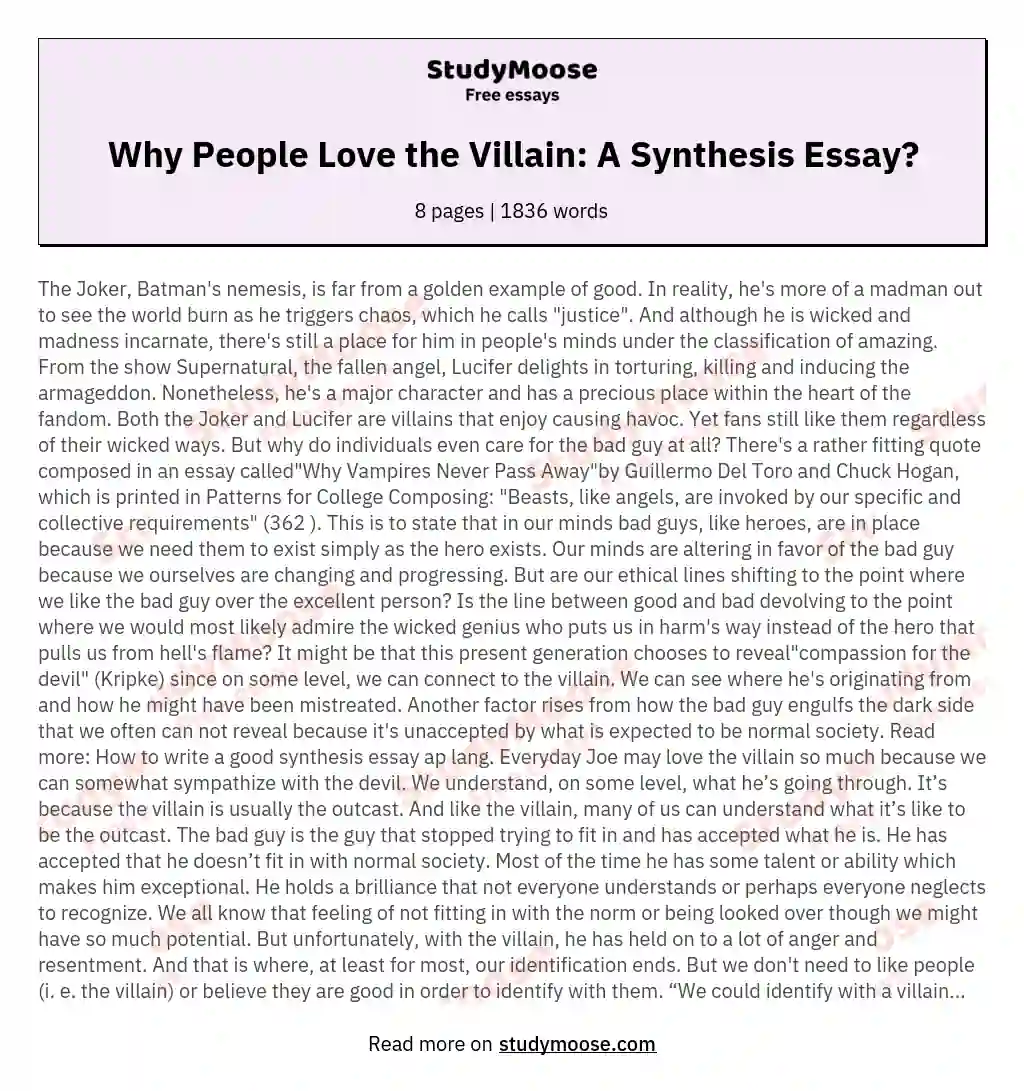 Why People Love the Villain: A Synthesis Essay? essay