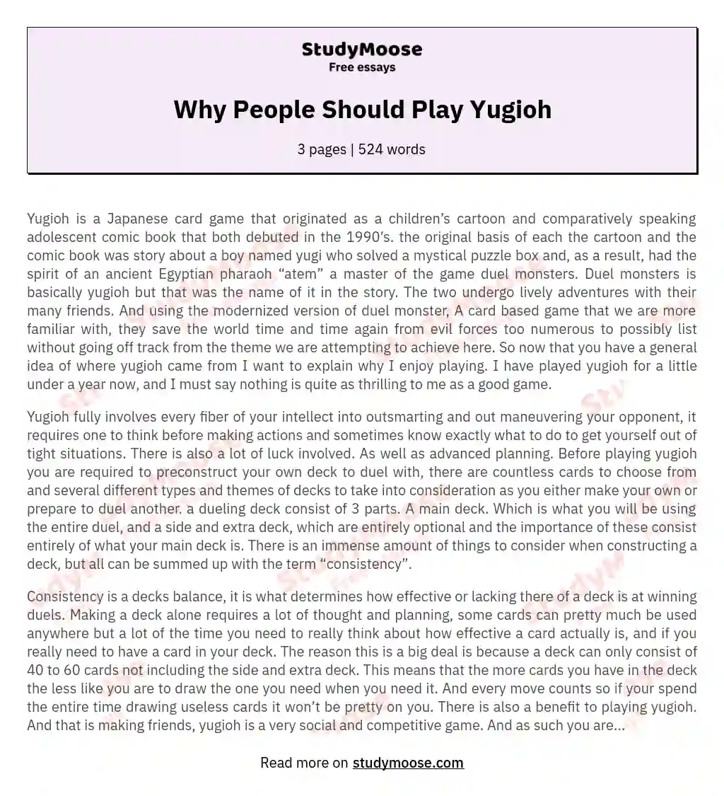 Why People Should Play Yugioh essay