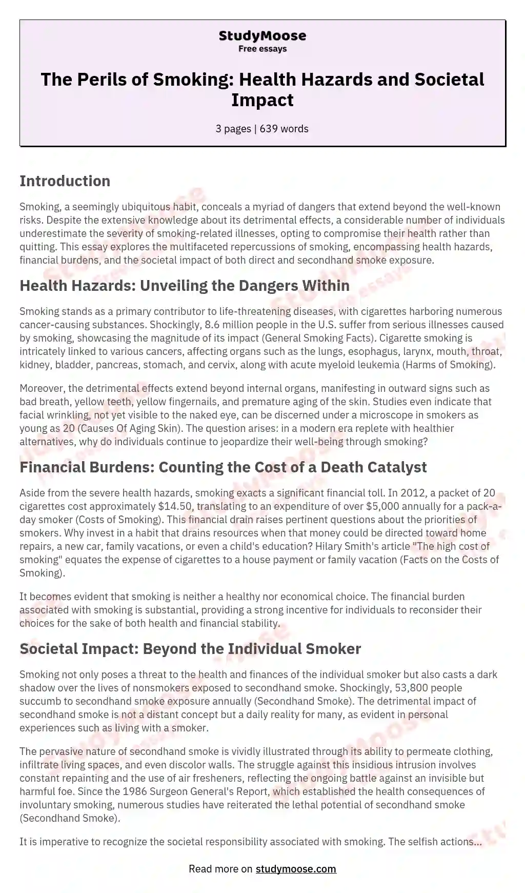 The Perils of Smoking: Health Hazards and Societal Impact essay