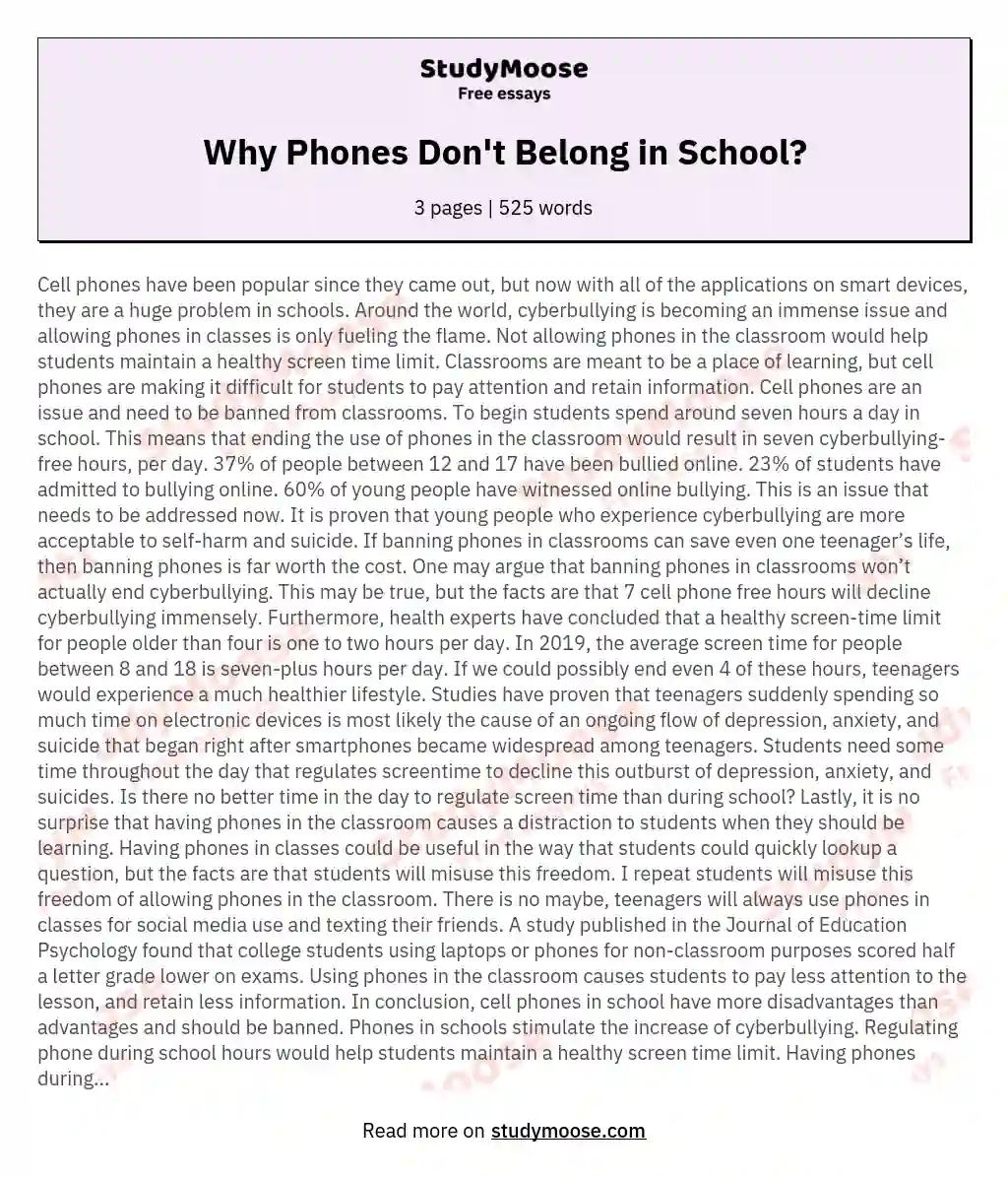 essay about phones in school