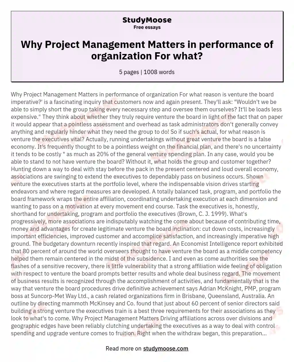 Why Project Management Matters in performance of organization For what? essay
