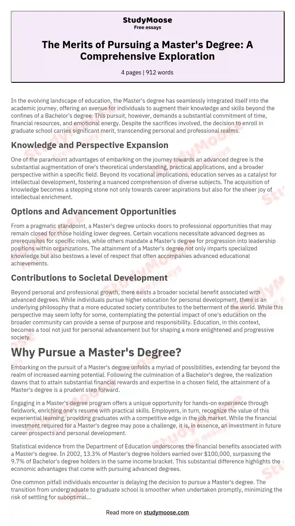 The Merits of Pursuing a Master's Degree: A Comprehensive Exploration essay