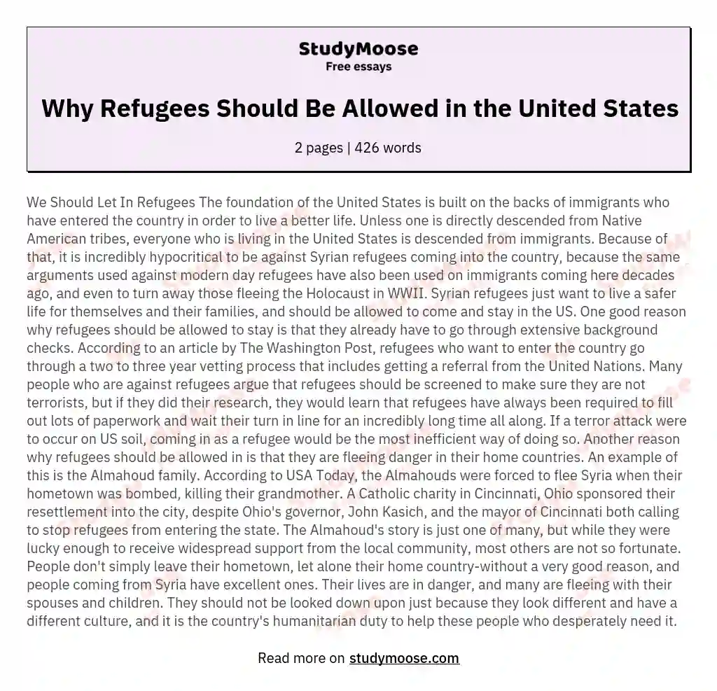 Why Refugees Should Be Allowed in the United States essay
