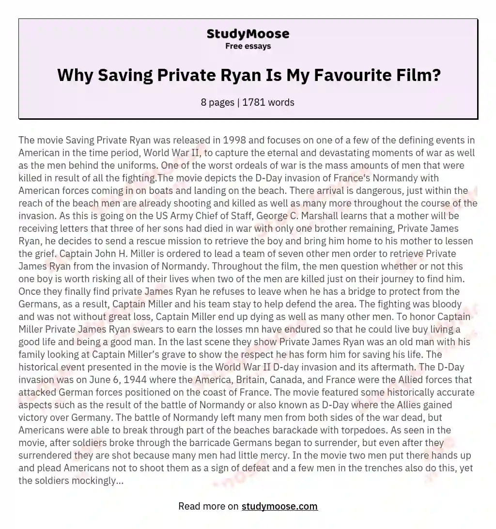 Why Saving Private Ryan Is My Favourite Film? essay