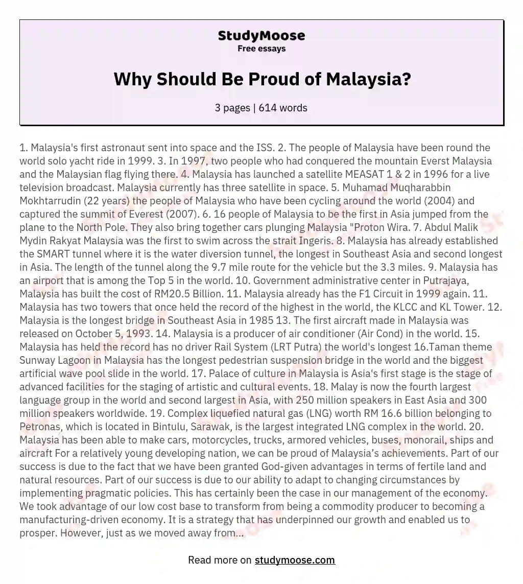 Why Should Be Proud of Malaysia? essay