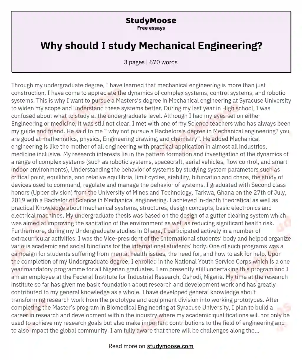 Why should I study Mechanical Engineering? essay