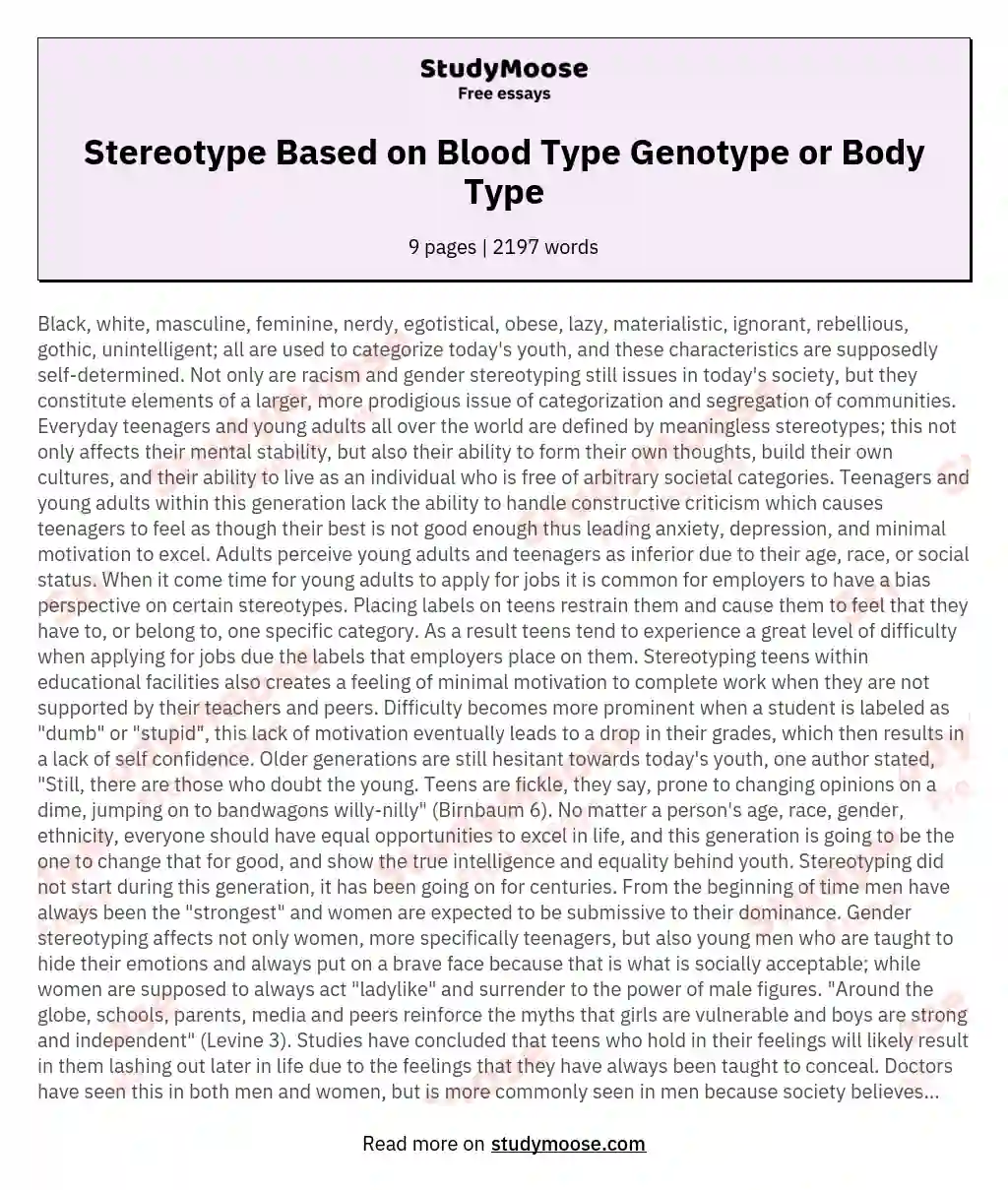 Stereotype Based on Blood Type Genotype or Body Type