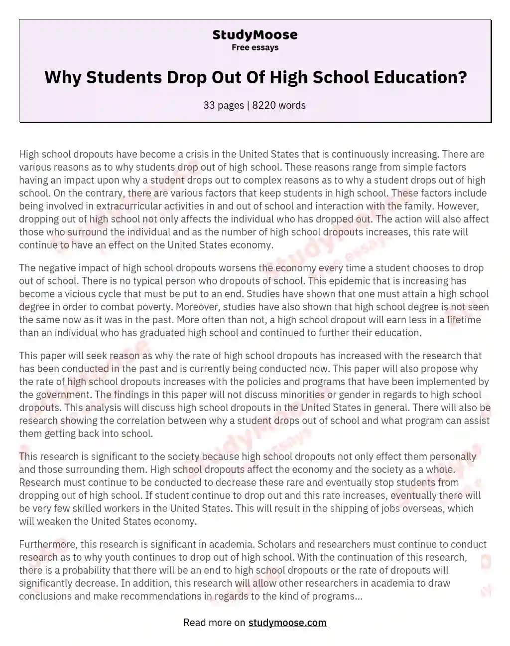 drop out in school essay