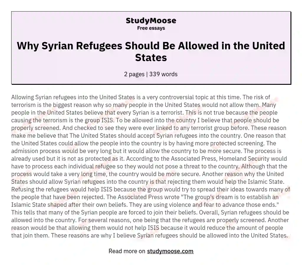 Why Syrian Refugees Should Be Allowed in the United States essay