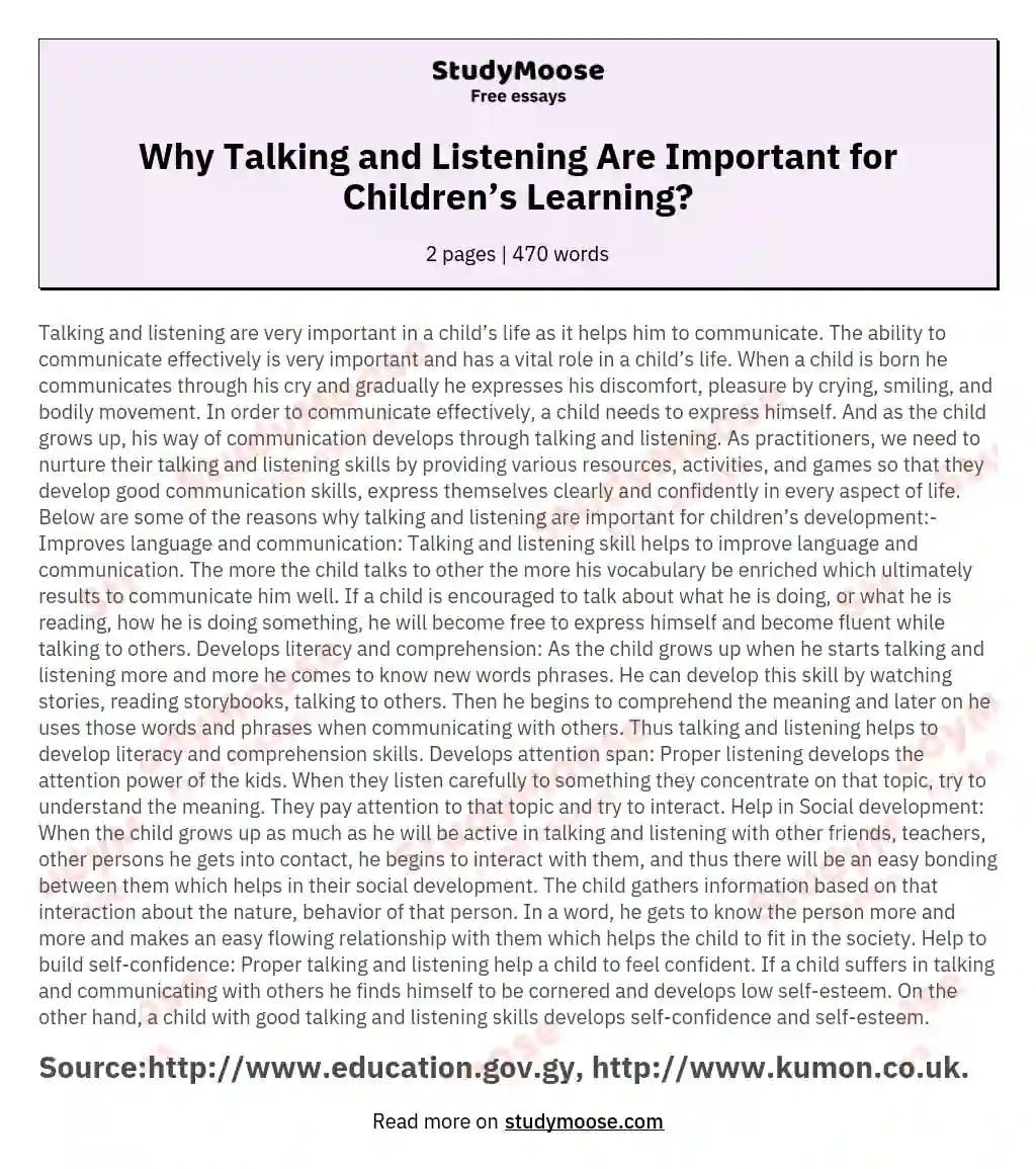 Why Talking and Listening Are Important for Children’s Learning? essay