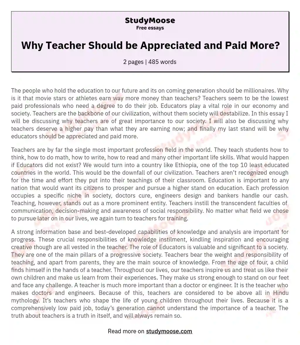 Why Teacher Should Be Appreciated And Paid More Free Essay Example