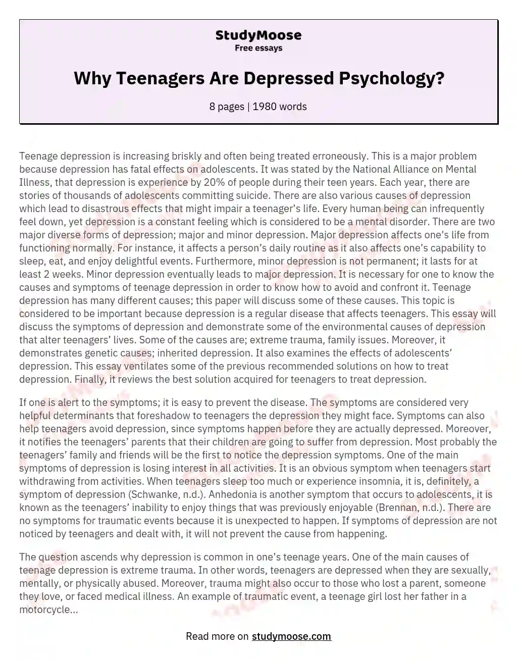Why Teenagers Are Depressed Psychology? essay