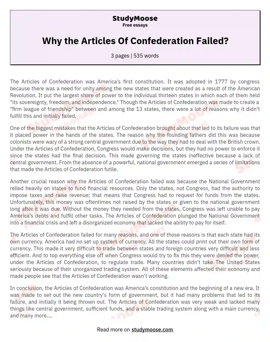 Why the Articles Of Confederation Failed? essay