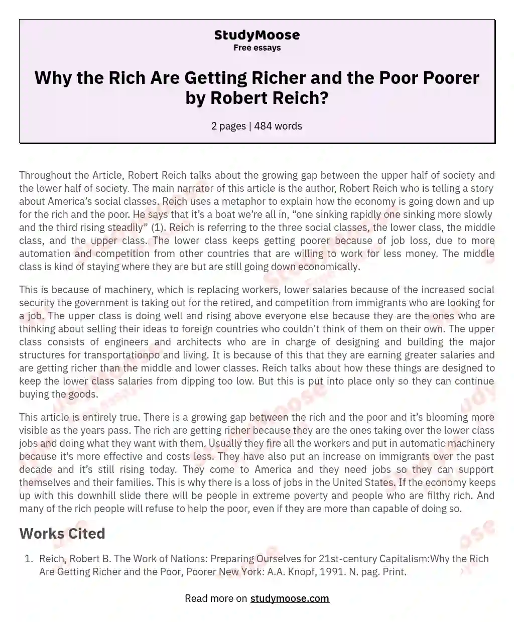 Why the Rich Are Getting Richer and the Poor Poorer by Robert Reich? essay