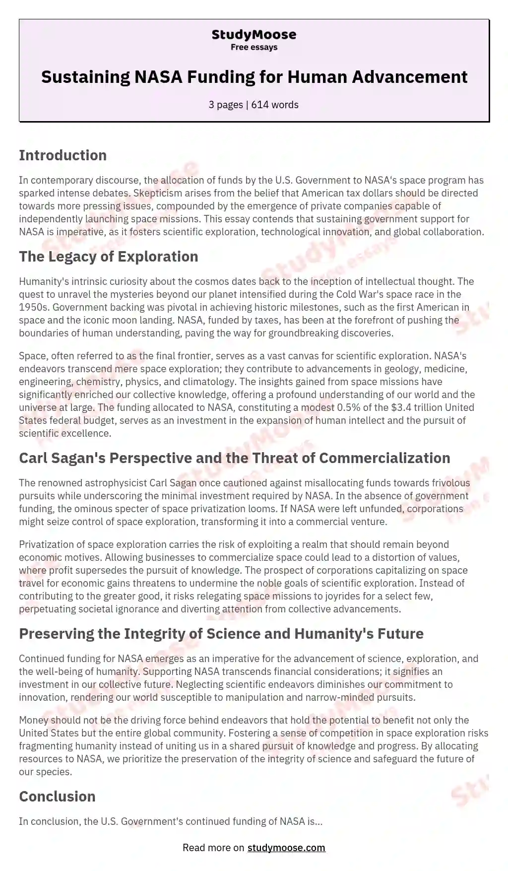 Sustaining NASA Funding for Human Advancement essay