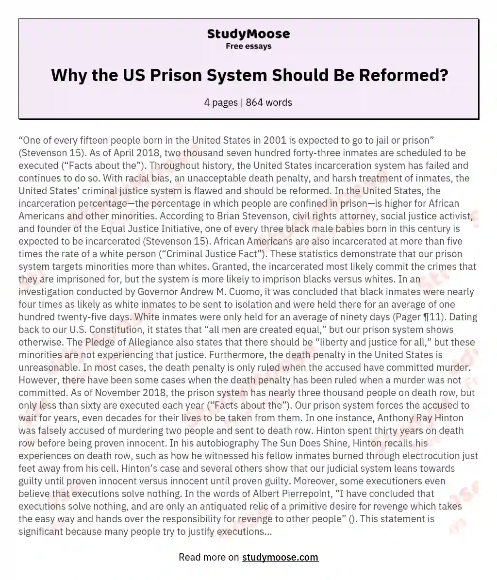 Why the US Prison System Should Be Reformed? essay