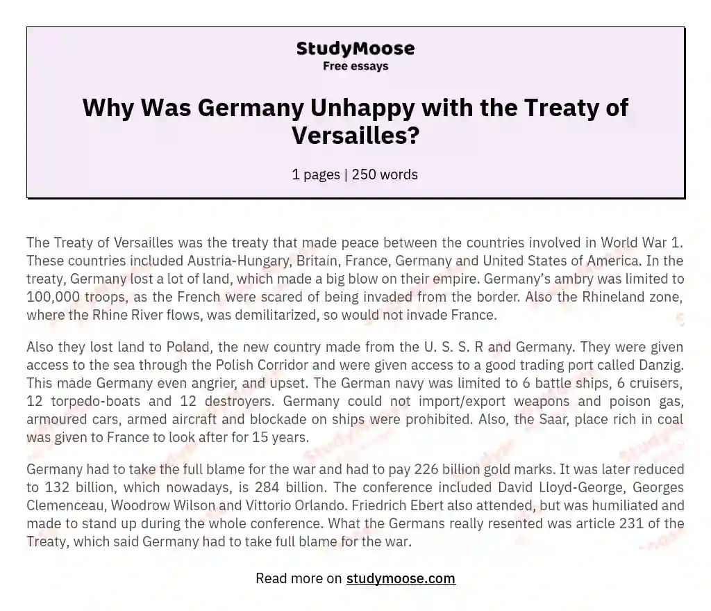 Why Was Germany Unhappy with the Treaty of Versailles? essay