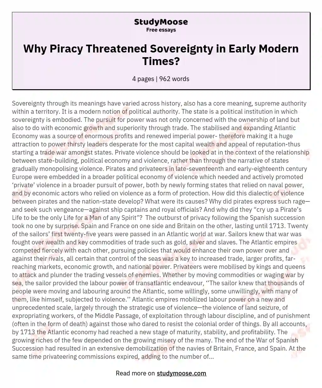 Why Piracy Threatened Sovereignty in Early Modern Times? essay