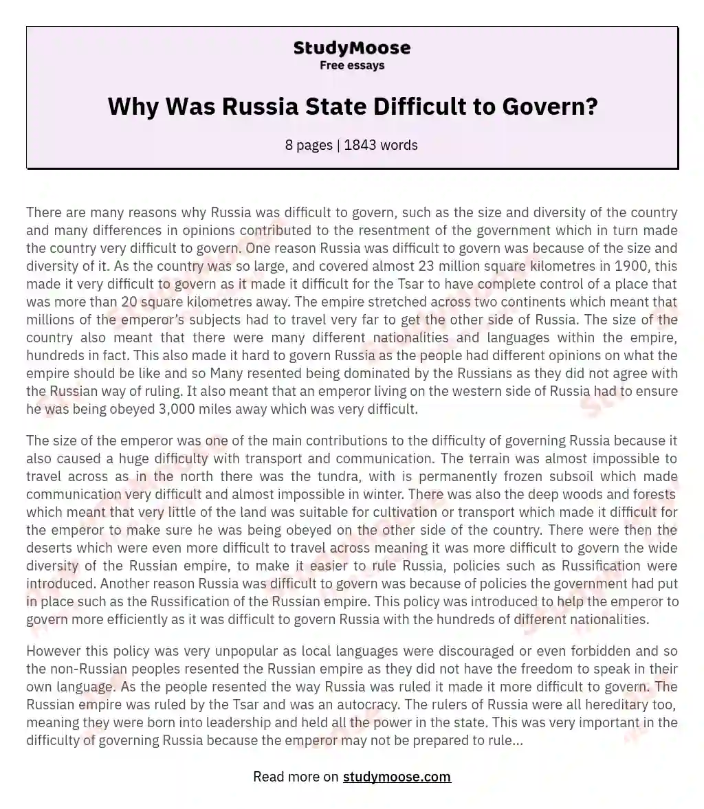 Why Was Russia State Difficult to Govern? essay