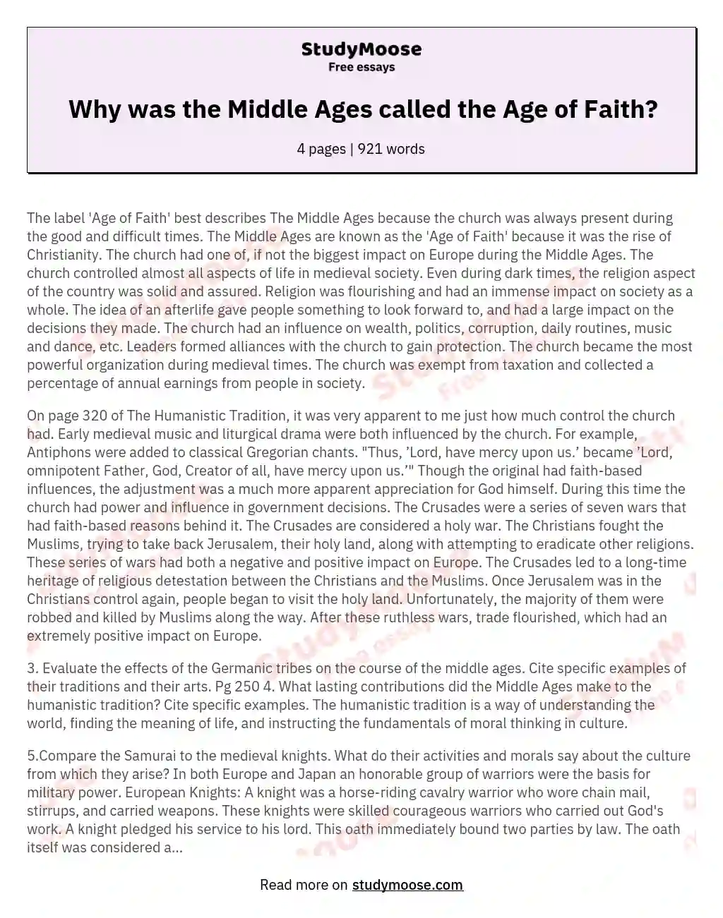 Why was the Middle Ages called the Age of Faith? essay