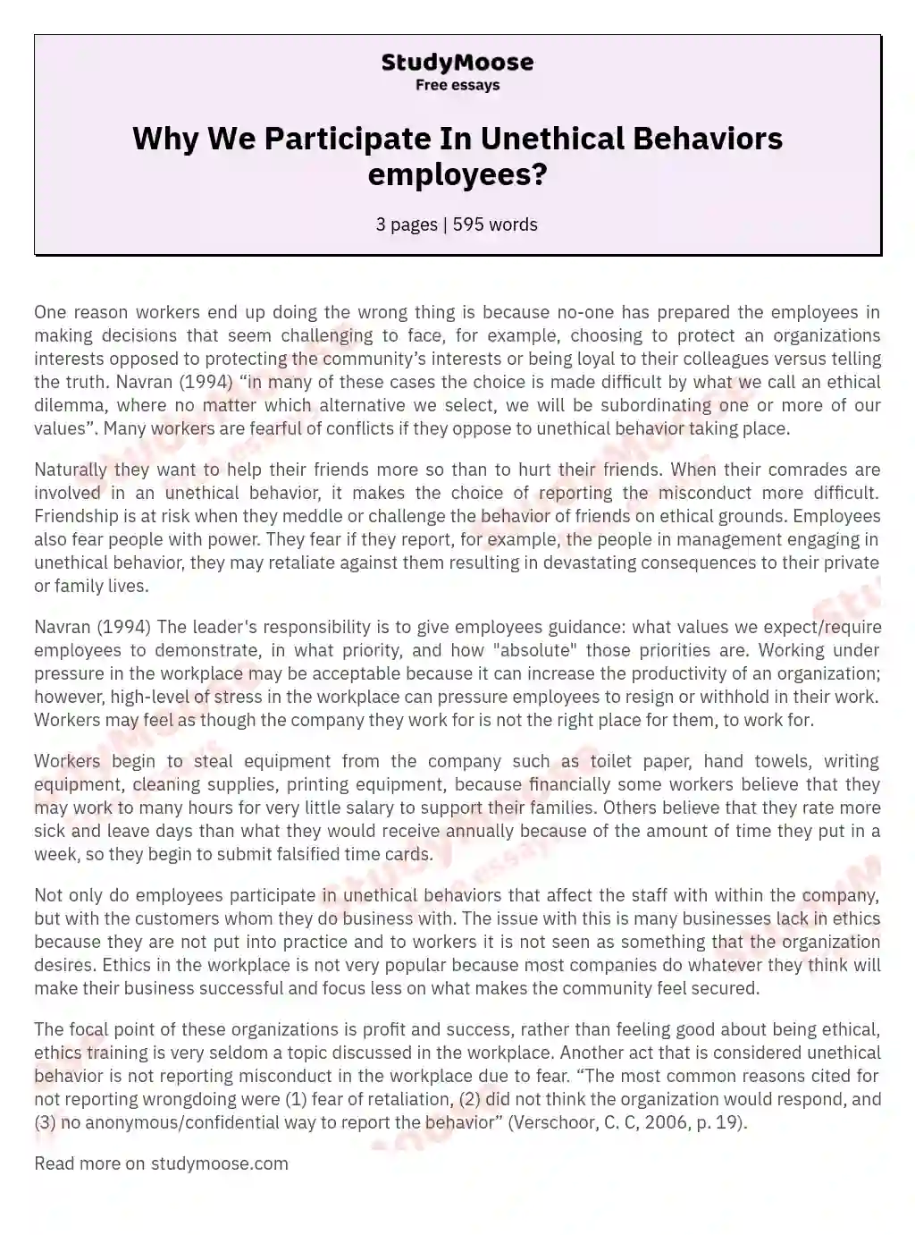 Why We Participate In Unethical Behaviors employees? essay