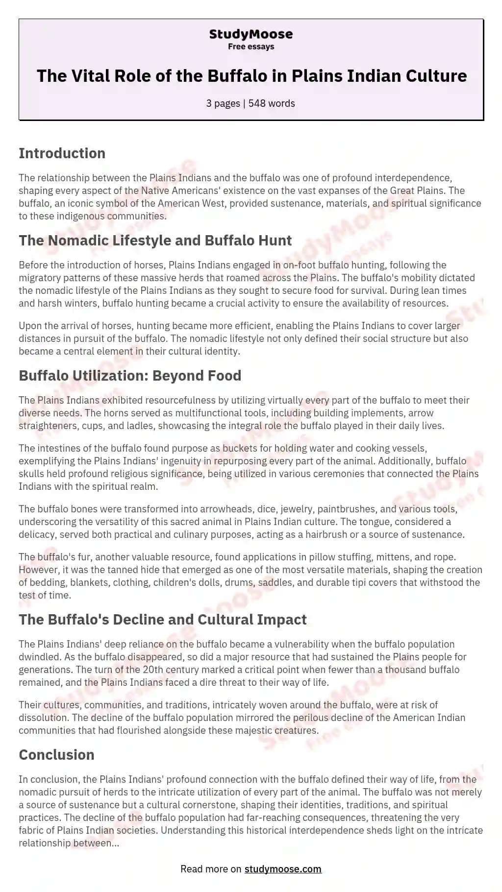 The Vital Role of the Buffalo in Plains Indian Culture essay
