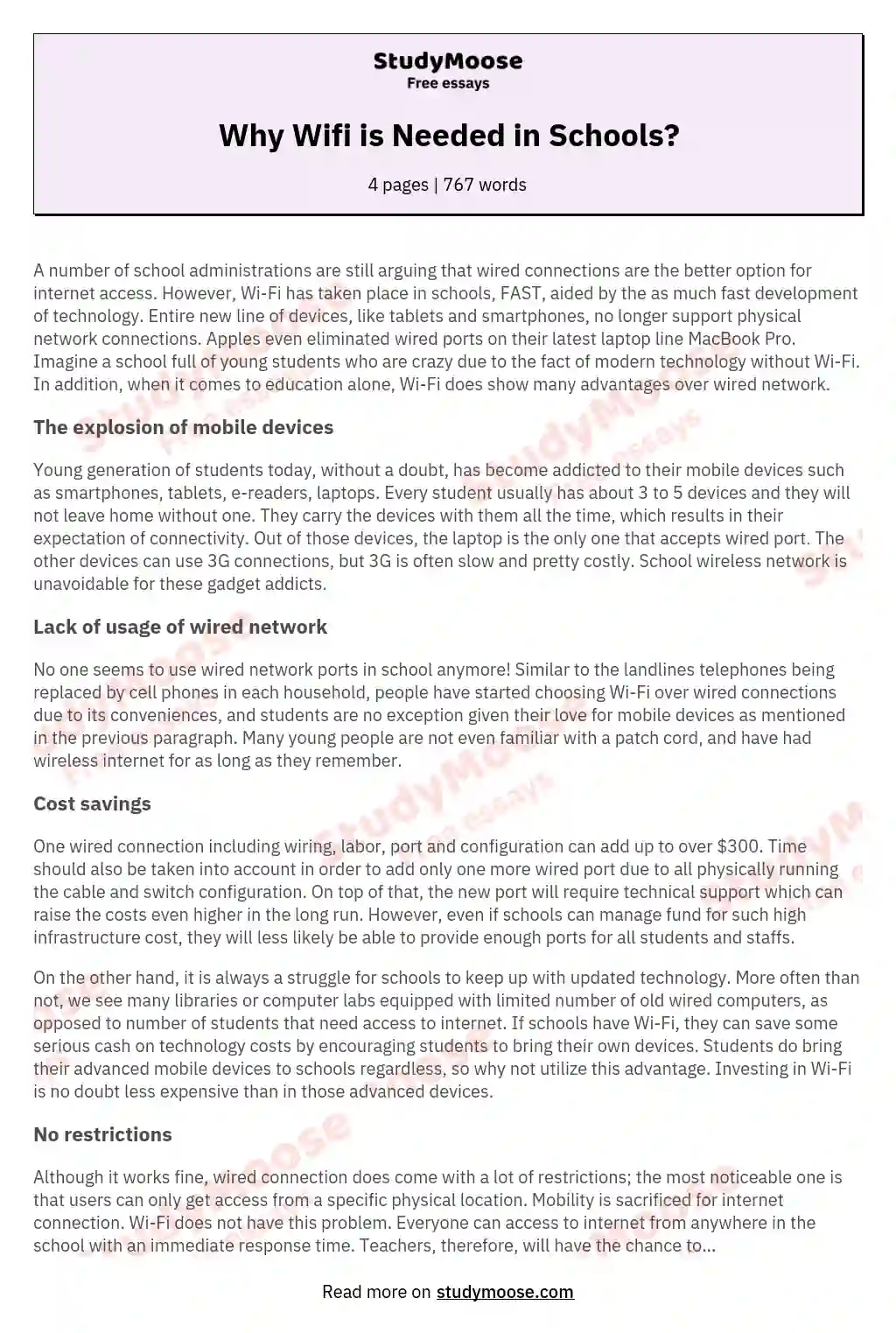 Why Wifi is Needed in Schools? essay