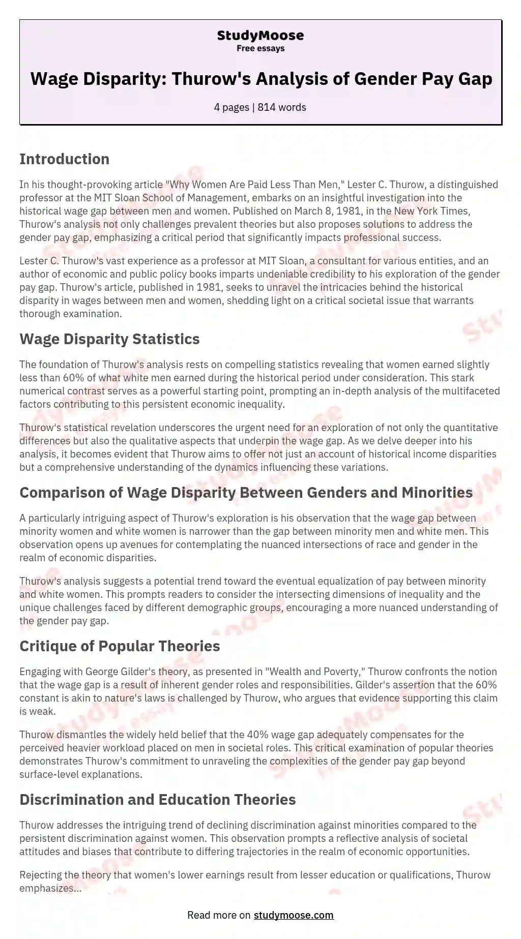 Wage Disparity: Thurow's Analysis of Gender Pay Gap essay