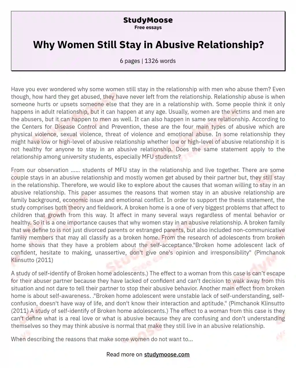 Why Women Still Stay in Abusive Relationship? essay